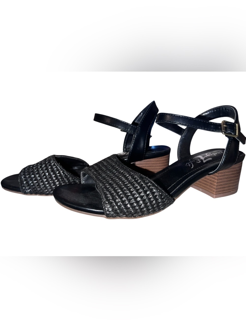 Vintage 7 Eight Black Woven Block Heel Ankle Strap Sandals Women’s Size 8M